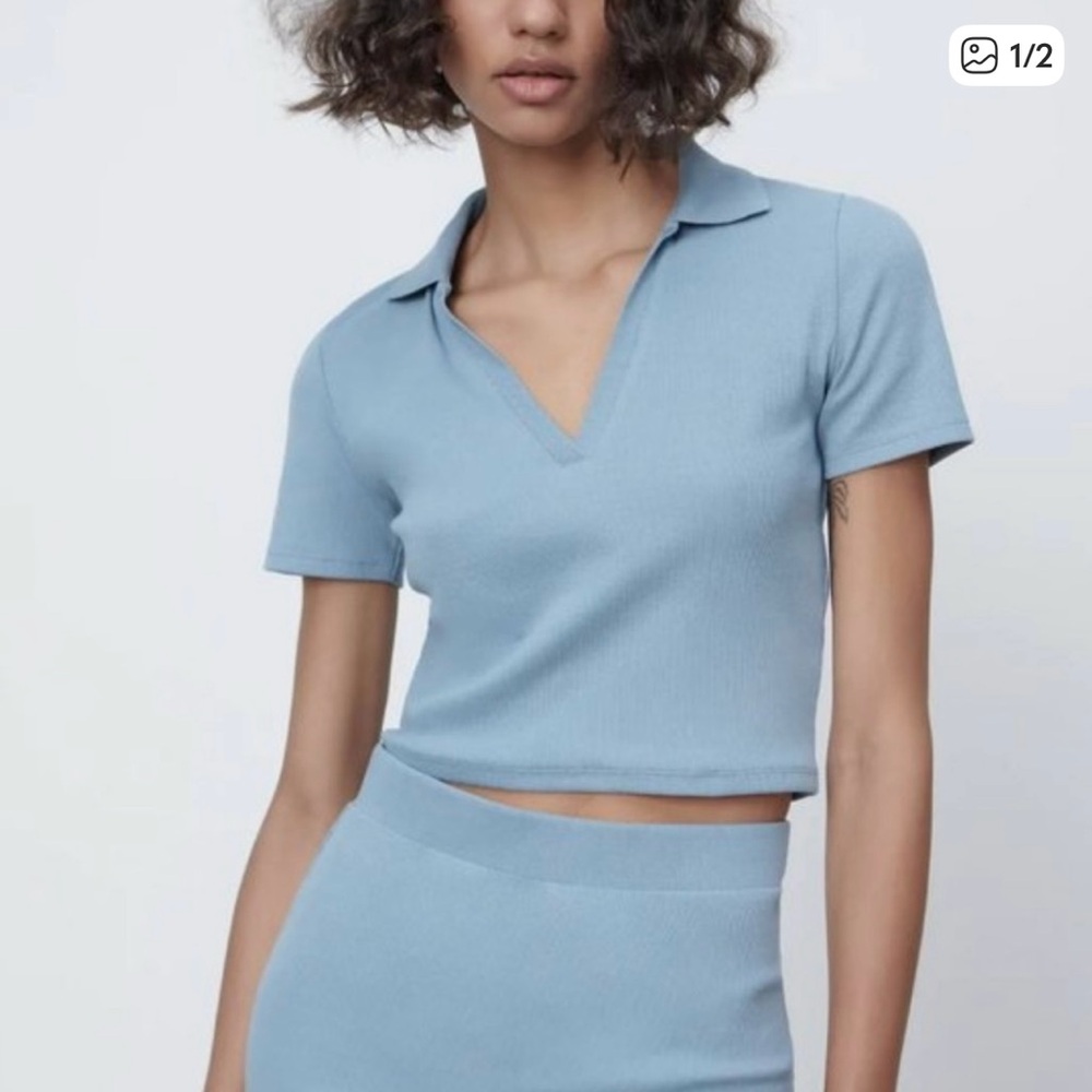 Zara Light Blue Collared Crop Top and Skirt Set